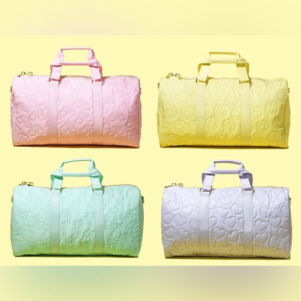 NEW STONEY CLOVER Classic LARGE PUFFY DUFFLE BAG Be Happy Yellow Smile Face